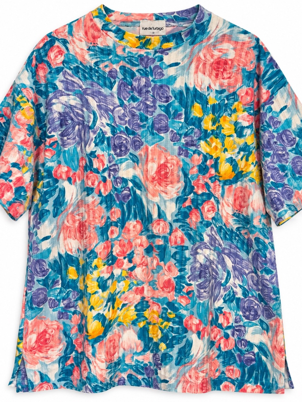 Vintage 90s Women’s XL Floral Top Blue Pink Purple Artsy Boho Shirt Colorful